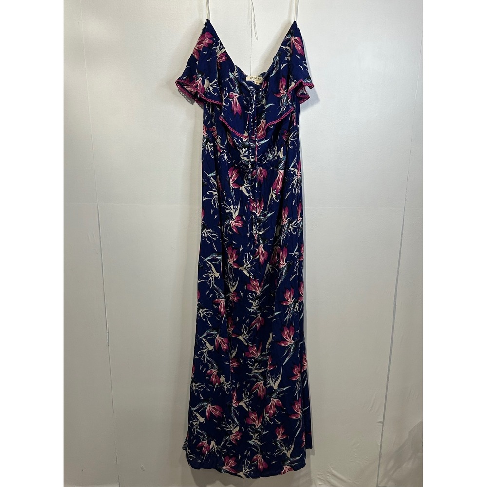Living Doll Maxi Strapless Dress Size XL Blue Floral Ruffle Side Slits Boho